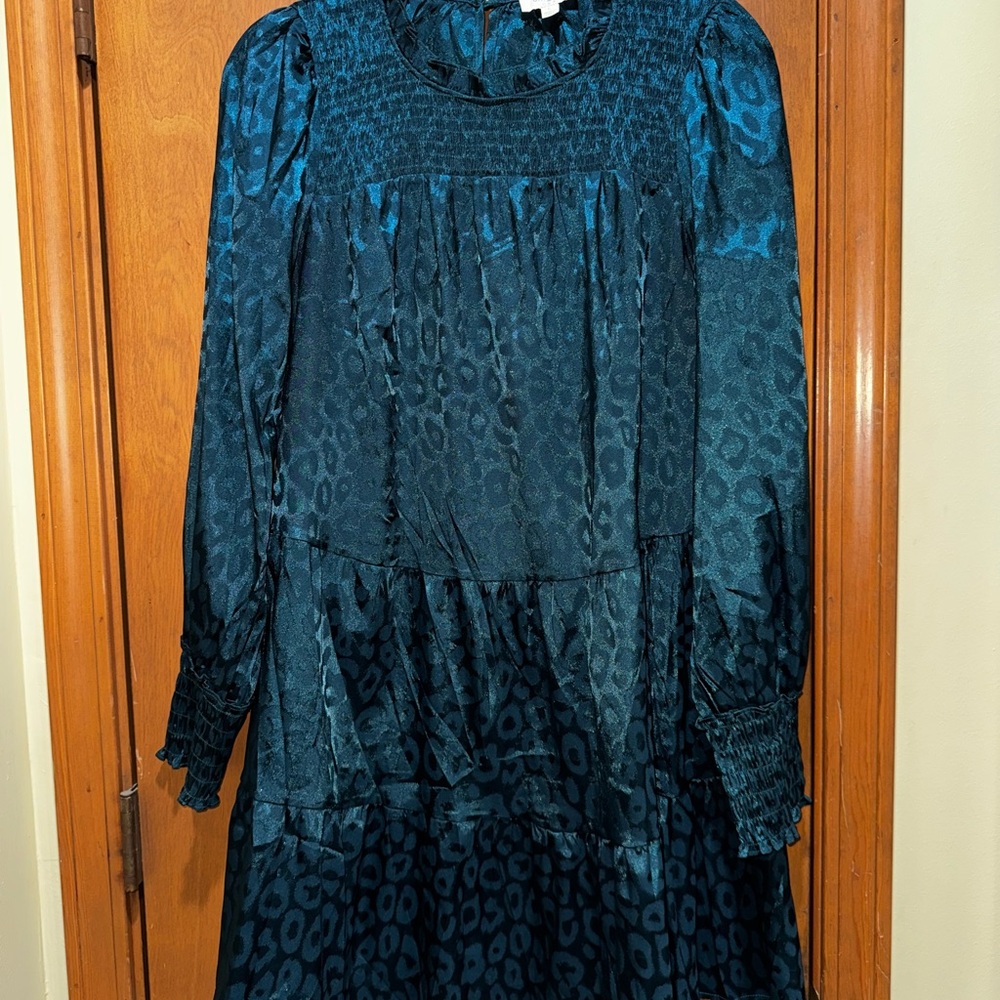 Umgee Hunter Green Leopard Print Long Sleeve Dress. Great for holiday parties or